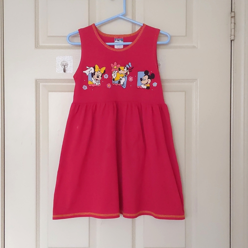 Cotton Blended Red Sleeveless Dress with Painted Disney Characters.